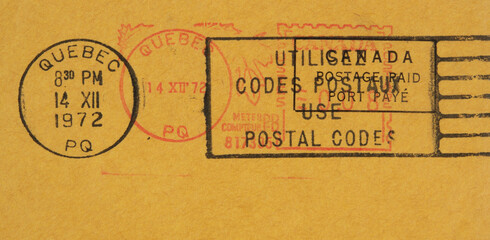 briefmarke stamp vintage retro alt old papier paper braun brown quebec 1972 dezember cancel gestempelt frankiert slogan werbung postal code postleitzahl