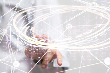 abstract lines with dots over dark background.