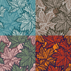 Set season leaves maple engraved seamless pattern. Botanical background with canadian foliage in hand drawn style.