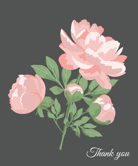 Thank you card design on a flower theme. Happy mother's day greeting card with beautiful blossom flowers, peonies.