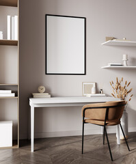 Stylish home workplace with white table, brown chair and frame mockup, 3d render