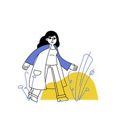 Woman in casual cloth. Girl in coat walking. A female character in motion. Modern trend outline illustration.