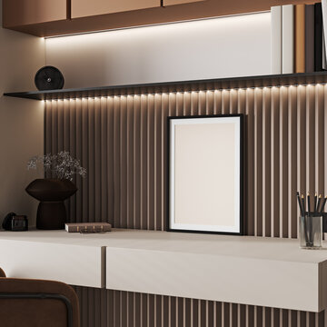 Stylish workplace with mockup poster frame 30x40, 3d rendering