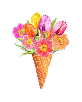 Spring tulip flowers in ice cream cone. Floral watercolor