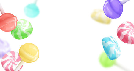 Banner with realistic falling colored glossy lollipop, candies on a stick isolated on white. Look like 3d. Vector illustration for card, party, design, flyer, poster, banner, web, advertising.