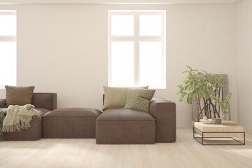Fototapeta premium Modern living room in white color with sofa. Scandinavian interior design. 3D illustration