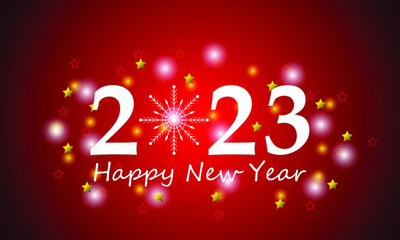 Happy New Year 2023 with luxury white numbers and golden splash. Festive banner, postcard. Vector illustration