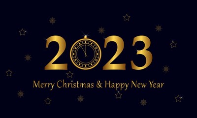 Happy New Year 2023! Elegant Christmas greeting with realistic golden metallic text and 3D clock. Vector illustration