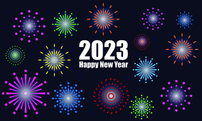 Happy new year 2023. Bright colorful fireworks in flat geometric design. Holiday decor, postcard, poster, banner, flyer. Vector illustration