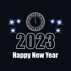 Happy New Year 2023. Inscription with fireworks and a clock on a dark blue background. Vector illustration