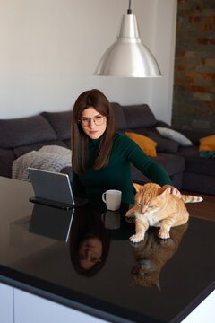 Woman in the kitchen using her laptop with her pet cat