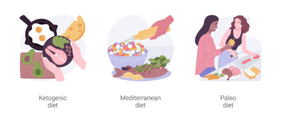Nutrition and dieting isolated cartoon vector illustrations set.