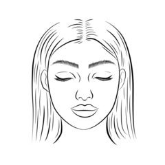 Portrait of young girl with closed eyes and long hair isolated on white background. Line sketch vector illustration.