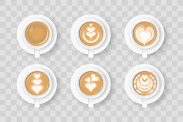 Set of cappuccino coffee with hearts in a cup on a saucer isolated vector