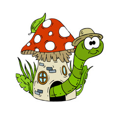 Mushroom house with funny caterpillar. Fairy tale children drawing.