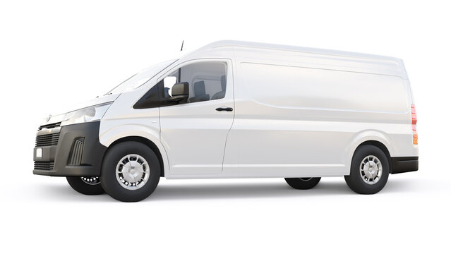 Tokyo, Japan. April 12, 2022: Toyota Hiace. White commercial van for transporting small loads in the city on a white background. 3d illustration