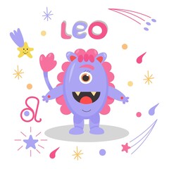 Cute cartoon zodiac monster Leo. Against the background of cosmic attributes, stars, shooting star, zodiac sign. Great print for kids clothes. Postcard for congratulations.

