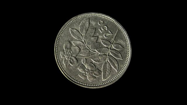 Reverse of Malta 25 cents minted from 1986 till 2005 isolated in black background. Close up view.