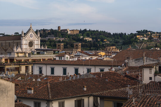 View of the city, hills and church of Santa Croce in Florece, Italy 