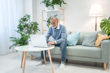 Fototapeta premium Full length view of the middle-aged man in glasses sitting on the couch and using laptop computer for messaging, grey-haired businessman working remotely, senior man spends leisure time online