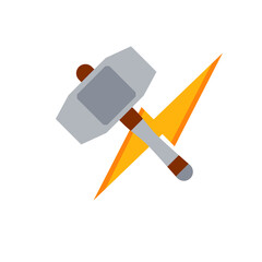Thor hammer. God weapon. Norse mythology. Symbol of lightning power. Medieval steel weapons. Flat cartoon icon