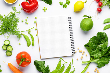 Ingredients for cooking healthy food with blank notepad on white background top view, flat lay