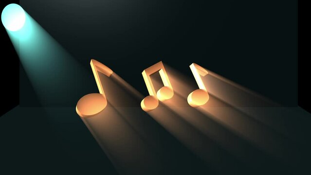Golden musical notes dance on the stage with lights animation