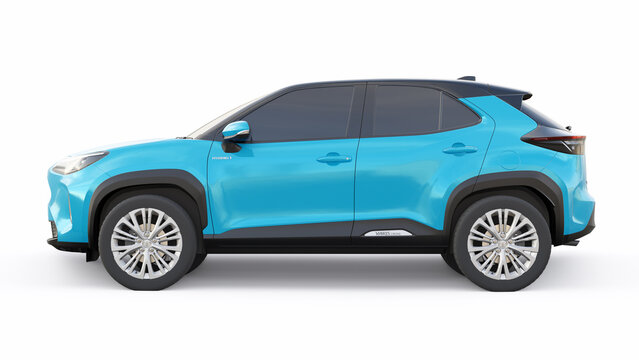 Tokyo, Japan. April 20, 2022: Toyota Yaris Cross 2020. Compact blue SUV with a hybrid engine and four-wheel drive for the city and suburban areas on a white isolated background. 3d illustration.