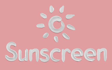 Word sunscreen and sun shape smear written with cream strokes on pink backgound