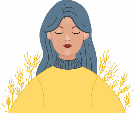 illustration of ukrainian woman in yellow sweater with closed eyes on white.