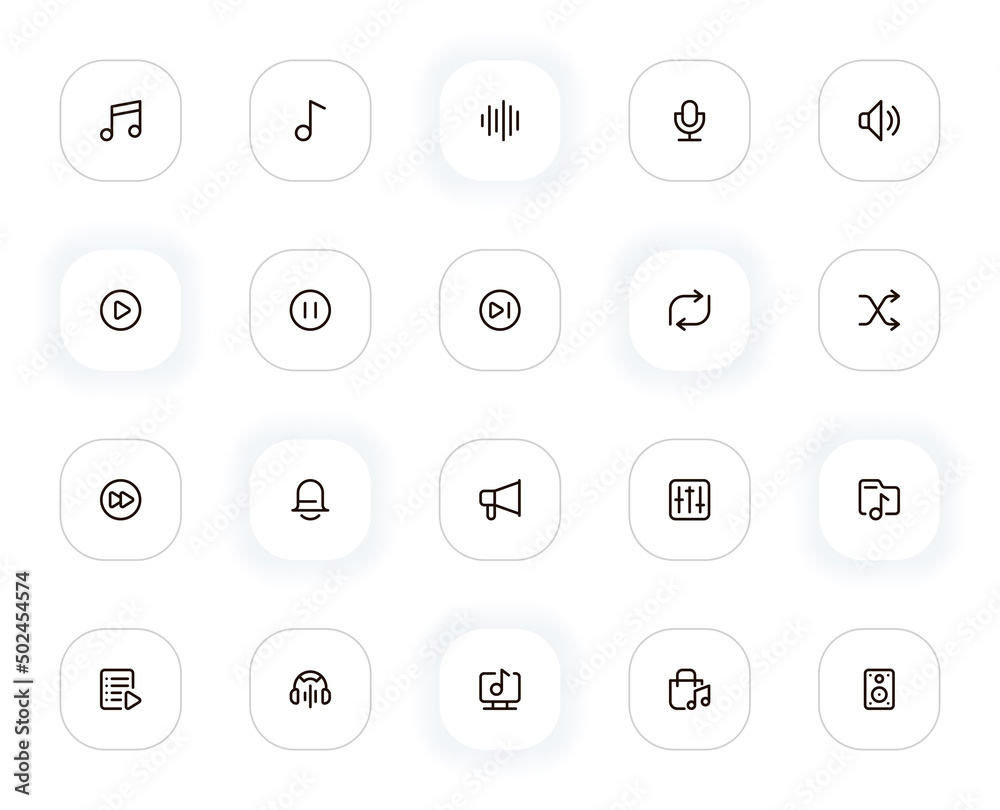 Leinwandbilder Music and audio line icons set. Note, wave, microphone, volume, play, voice and other buttons. Vector outline pictograms for web and ui, ux mobile app design. Editable Stroke. 24x24 Pixel Perfect.