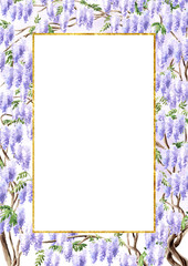 Wisteria blossom save the date invitation or greeting card background. Hand  drawn watercolor  illustration