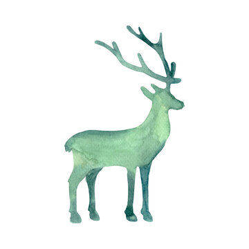 Deer watercolor silhouette. Green color image. High quality photo