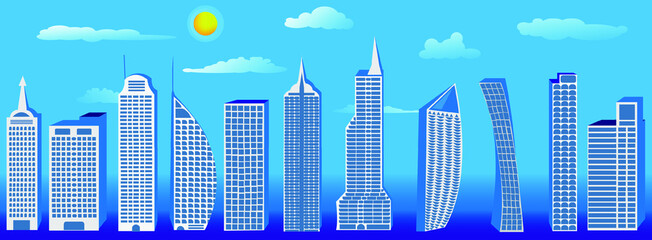 A set of skyscraper buildings that are all different in shape. blue background There are clouds and sun. as an illustration made from vector