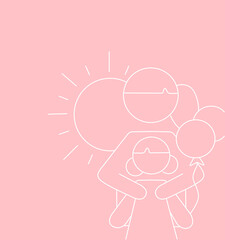 illustration of mother hugging kid near sun on pink.