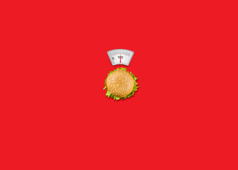 Avoid fast food. No diet day. weight matter with Burger. isolated on red background. 3d rendering