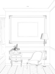 A sketch of a classic interior with a horizontal poster on a wall with moldings, a floor lamp near a classic armchair, a vase of flowers on a stand, and a curtained window in the background. 3d render