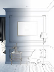 A sketch becomes a real dark blue classic bedroom with a horizontal poster above the head of a luxurious bed, lamps on the night tables on the sides of the bed, and a table near the window. 3d render