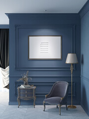 Dark blue classic interior with a horizontal poster on the wall with moldings, a floor lamp near a classic armchair, a vase of flowers on a stand, and a curtained window in the background. 3d render