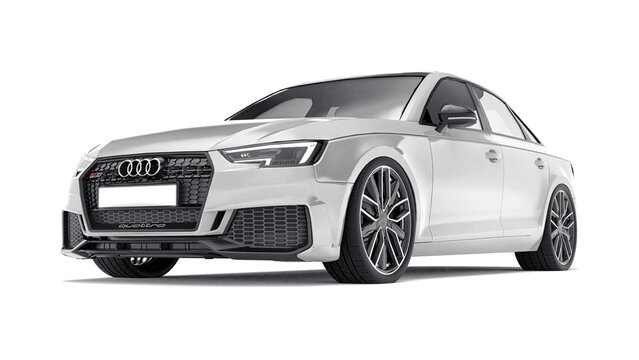 Paris, France. June 9, 2021: Gray Audi RS4 Quattro 2018 luxury stylish car isolated on white background. 3d rendering.