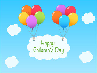 illustration of balloons and cloud with happy childrens day lettering on blue.