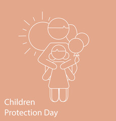 illustration of mother hugging kid near children protection day lettering on beige.
