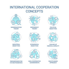 International cooperation turquoise concept icons set. Global integration for progress idea thin line color illustrations. Isolated symbols. Editable stroke. Roboto-Medium, Myriad Pro-Bold fonts used