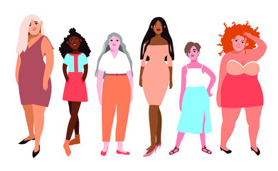 a group of women of different age, ethnicity and body type wearing elegant clothes and standing together and smiling - hand drawn vector illustration