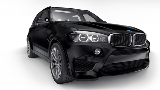 Paris, France. June 27, 2021: BMW X5M F85 black luxury sport suv car isolated on white background. 3d illustration.