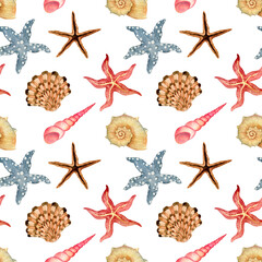seamless watercolor pattern with starfish and seashells