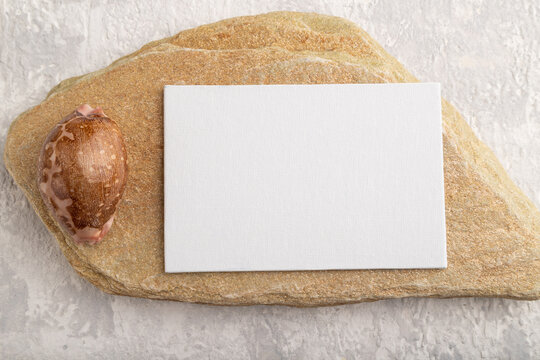 White paper business card, mockup with stone and seashell on gray concrete background. flat lay, copy space.