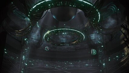 Futuristic energy pulsating ball in a round hall with wires and flying drones with lasers - Powered by Adobe