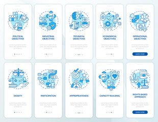 Global cooperation blue onboarding mobile app screen set. Development walkthrough 5 steps graphic instructions pages with linear concepts. UI, UX, GUI template. Myriad Pro-Bold, Regular fonts used