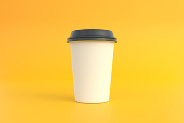 Disposable paper coffee cup with black lid on yellow background. Minimal concept. 3D Rendering 3D Illustration